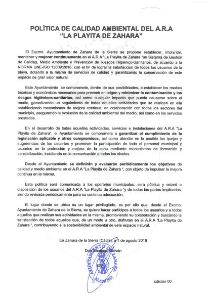 Imagen donde se muestra la Política de Calidad Ambiental del A.R.A "La Playita"